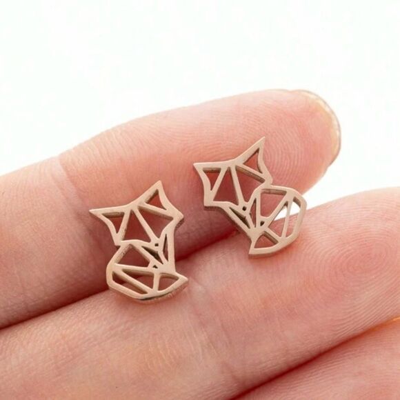 Stainless Steel Cute Fox Ear Studs Rose Gold Origami Animal Earrings - Picture 2 of 8